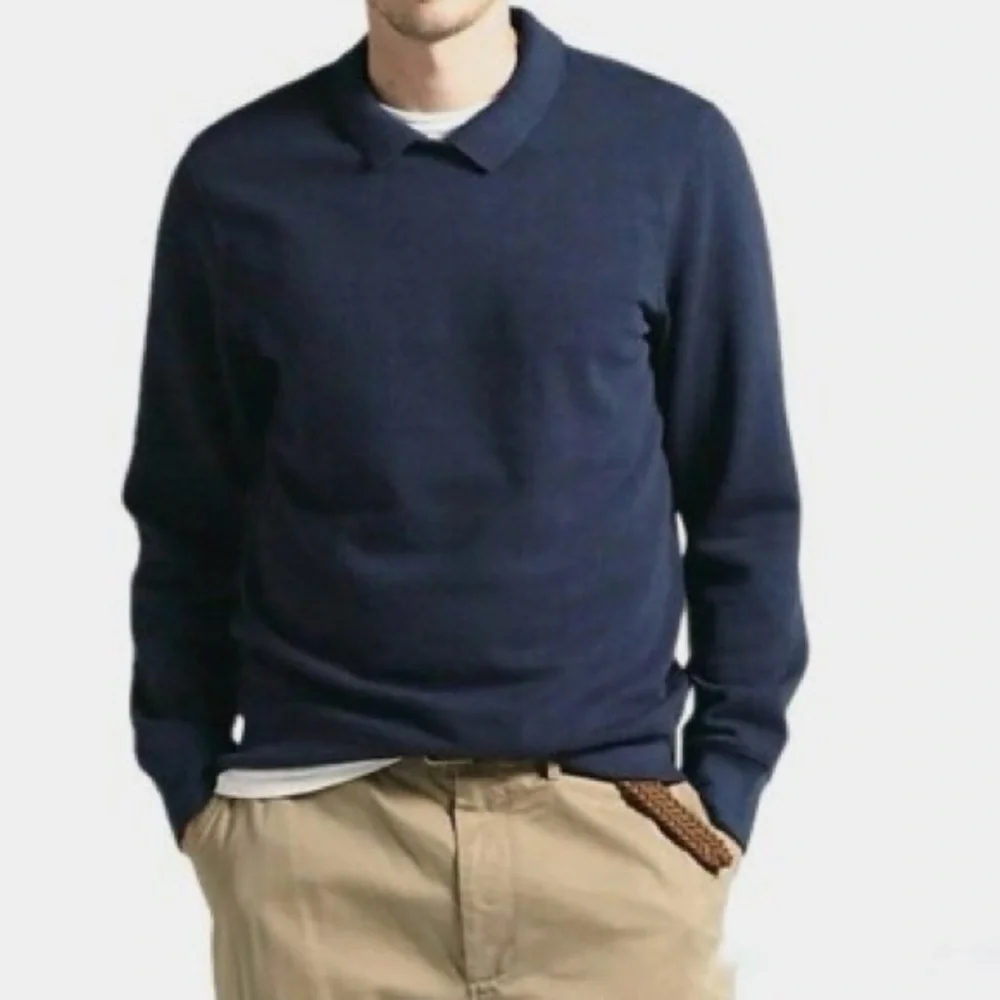 J Crew‎ Long sleeve Piqué fleece collared sweatshirt in navy blue